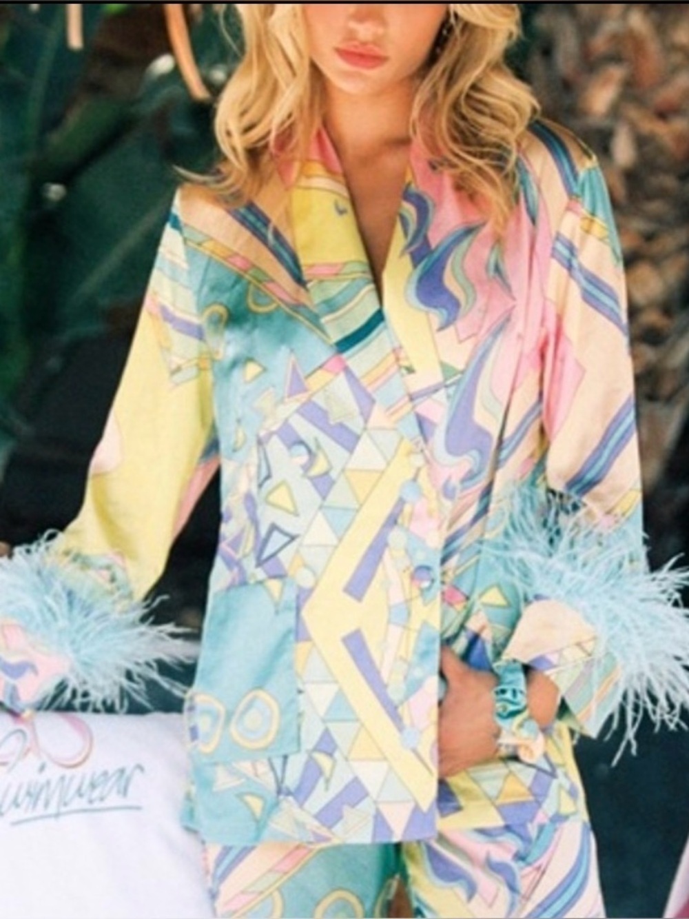 Oceanus Revolve Frida Blazer Crop Top Set Feather Multicolor Medium